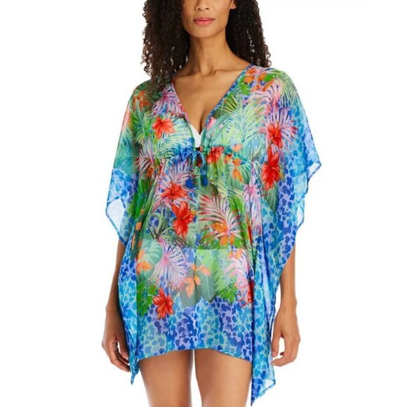 💕BLEU ROD BEATTIE💕 Chiffon Cover-Up Caftan ~ Tropical Flight Print Small S NWT - Picture 1 of 12